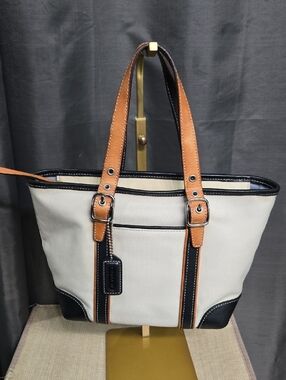Coach Vintage Hampton Cream Canvas Mini Tote with Tan and Black Trim